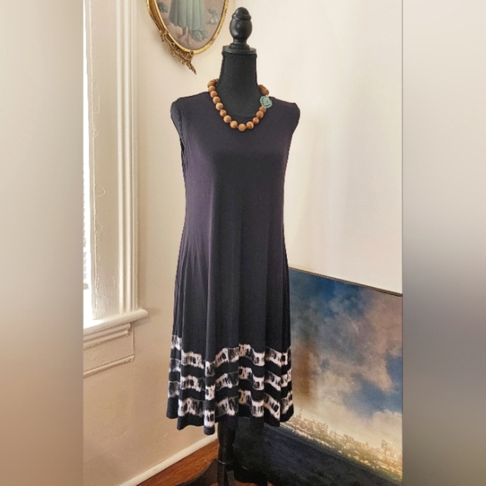 Style & Co. Boho Black Sleeveless Scoop Neck Midi Dress with White & Grey Bottom